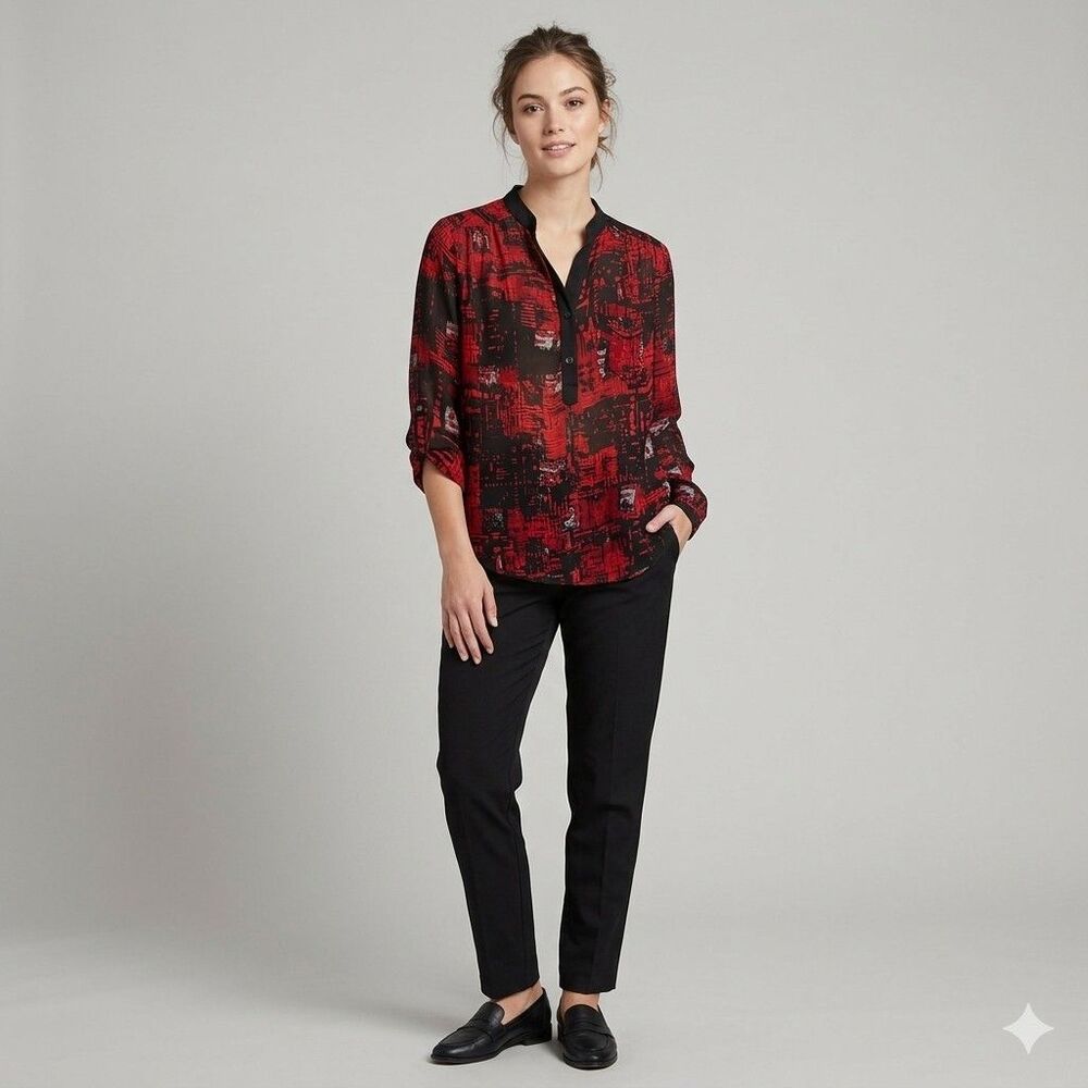 Dora by Dora Landa Abstract Print Blouse - Red & Black - S - Roll-Tab Sleeves